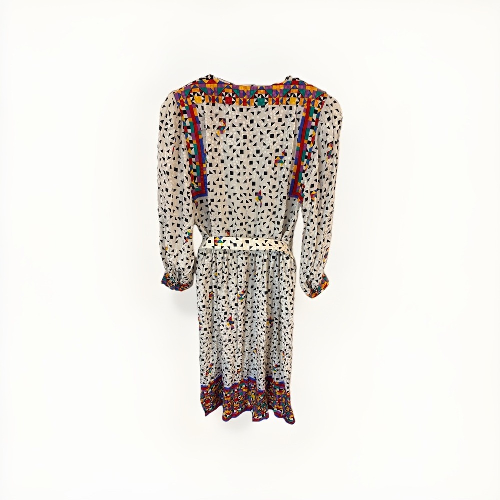 Anne Crimmins Silk Maxi Dress 14 Vintage Belted Geometric Retro - Picture 4 of 12